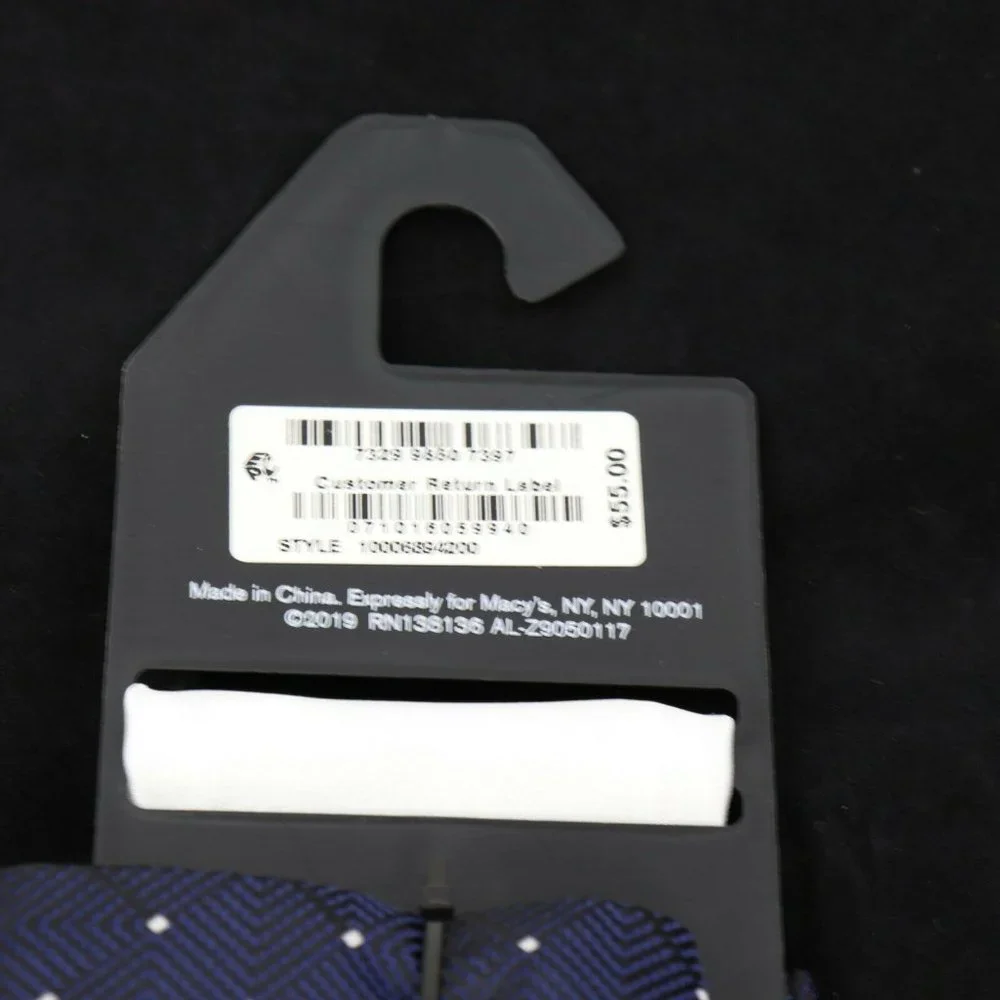 Alfani Solid Textured Pre-Tied Grid Navy Bow Dot Tie & White Pocket Square Set